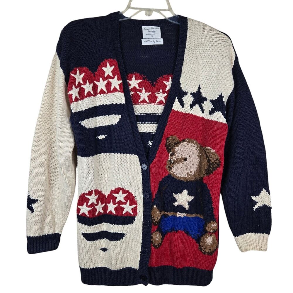 Vtg Marisa Christina Cardigan Sweater Sz M Teddy Bear Hearts USA Flag Patriotic